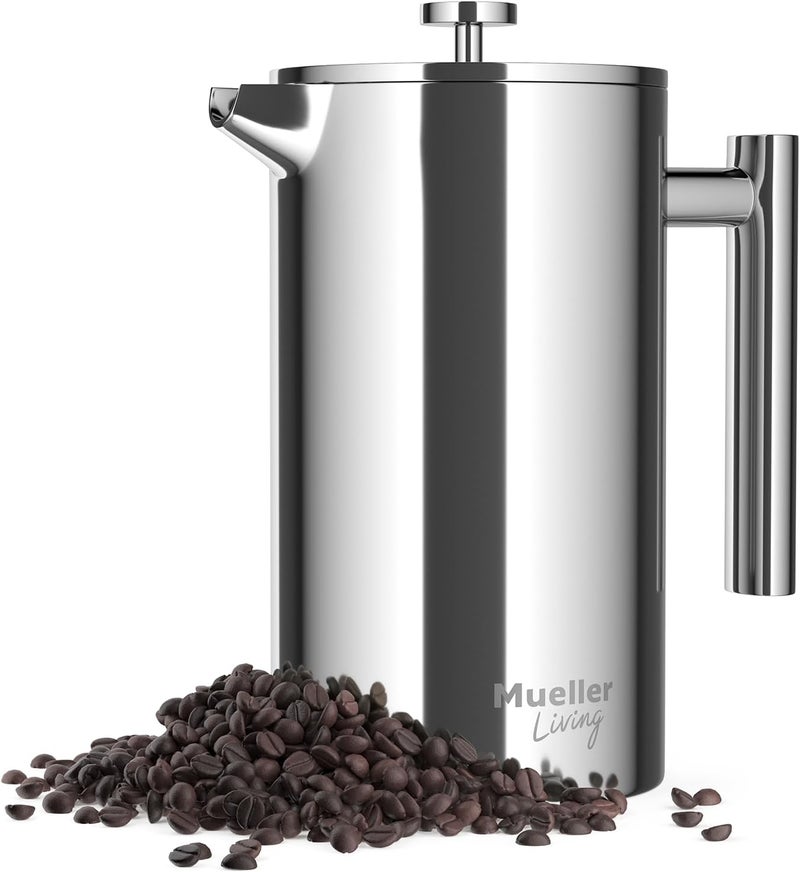 MuellerLiving French Press Coffee Maker 34oz, Stainless Steel French Press Coffee, 4 Filter Heat Resistant Double Insulated, Rust-Free, Food Grade, Dishwasher Safe Coffee Pot - Image 1